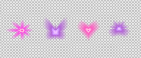 Y2k gradient icons set. Gradation colors shapes. Butterfly, flower blur simple elements. Soft smooth retro figures. Blurry heart, daisy vintage textured. Vector illustration on transparent background.