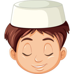 CloseUp Headshot Of A Young Muslim Boy Wearing A White Kufi Hat His Eyes Are Closed In Prayer And He Has A Gentle Smile On His Face