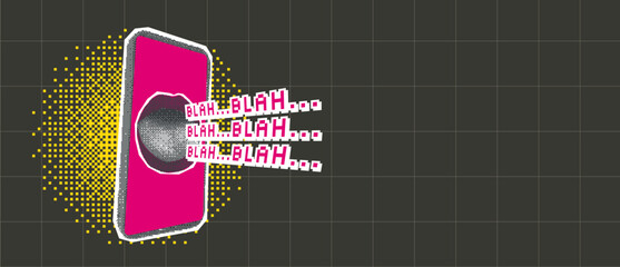 Podcast halftone and pixel stickers background template. Phone with speaking human mouth. News media collage with pixel art and magazine cutouts. Vector y2k illustration isolated on dark background.