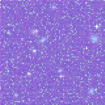 Shiny violet disco ball pattern with blue glitter mosaic and reflective texture. The glamorous sparkle party New Year theme. Vector festive background.