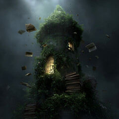 Enchanted library tower illuminated with warm light in the dark