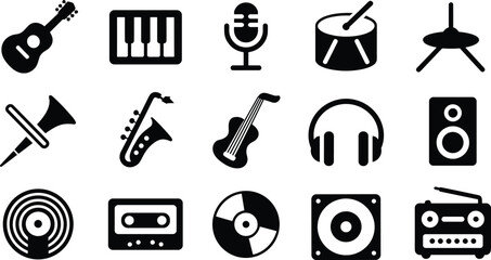 Music and Audio Icon Set – Vector Symbols of Instruments, Sound Equipment, and Playback Devices