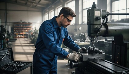 Skilled machinist operating a vintage milling machine in a busy workshop environment