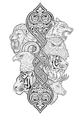 Intricate animal totem design featuring a lion, wolf, owl, eagle, tiger, and deer.