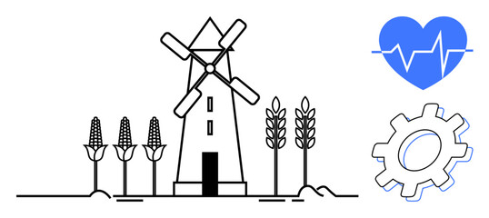 Windmill surrounded by corn and wheat fields, blue heart with pulse line, and gear. Ideal for agriculture, health, sustainability, renewable energy, food industry, rural development innovation