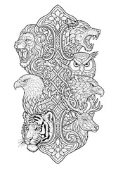 Intricate black and white line art illustration featuring various wild animals like lion, bear, owl, eagle, wolf, tiger, and deer, intertwined with ornate decorative patterns.