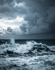 Stormy ocean with dark cloudy sky showing raw energy of natural elements