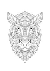 Intricate mandala-style coloring page featuring the detailed head of a wolf with ornate patterns.