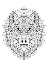 Intricate mandala style wolf head line art for adult coloring pages, featuring detailed patterns and floral elements.