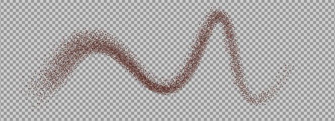 Coffee powder top view. Grounded cocoa squiggle background. Noise dark brown gradients fly curved shape. Grainy texture splash wavy long textured element. Dotwork seed form. Vector gritty wavy line.