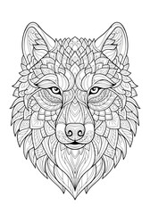 Intricate wolf head illustration with detailed patterns and symmetrical design, suitable for coloring or artistic projects.
