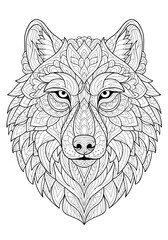 Intricate black and white line art of a wolf face with ornamental patterns for an adult coloring book page.