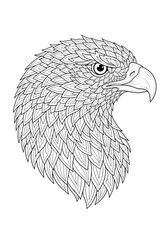 Intricate black and white line art illustration of a detailed eagle's head with feathers.
