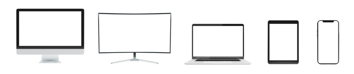 Plakat Modern devices screens isolated on transparent background. Smartphone, tablet, laptop and computer mockup. Front view. 3d rendering