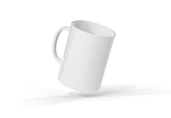 Isolated floating white blank mug on transparent background. 3D rendering