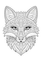 Intricate black and white illustration of a fox's face, perfect for coloring.