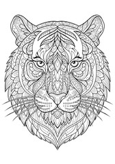 A detailed black and white illustration of a tiger's head filled with intricate zentangle patterns for coloring.