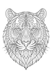 Intricate Zentangle-style illustration of a tiger's face with detailed patterns and lines.