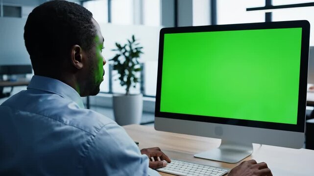African American businessman working at his desk in a modern office, looking at a computer with a green screen.