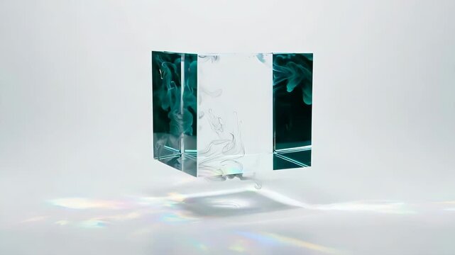 A cube composed of sections, with swirly ink or smoke and light shadows