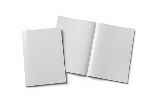 Open magazine and magazine cover isolated on transparent background. Cut out blank brochure mockup 3D rendering