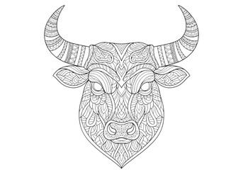 Intricate black and white illustration of a bull's head, featuring detailed patterns.