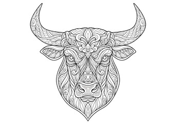 Intricate line art of a bull's head with detailed patterns and ornamentation, suitable for coloring or design applications.