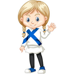 A Young Girl With Blonde Pigtails And Blue Eyes Waving Hello And Smiling Happily Wearing A White Sweater With Blue Cross Design And A White Skirt Over Black Leggings And Blue Shoes