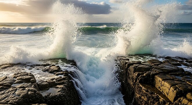 Ocean waves crashing on rocky shoreline under a cloudy sky majestic coastal scenery