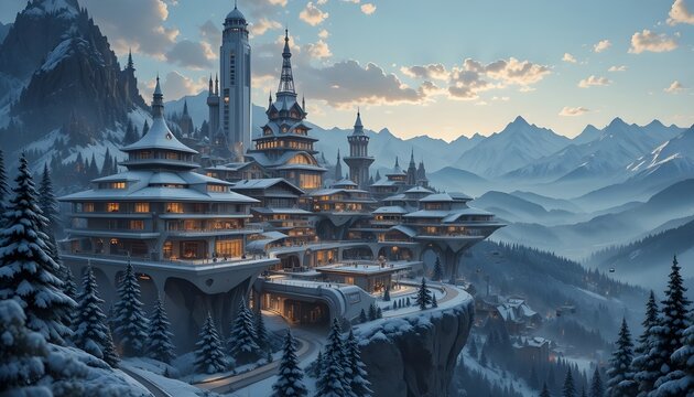 Murree 2050 Skyline &mdash; a futuristic mountain resort city with floating hotels, neon-lit pine forests, and hovering cable cars above snowy peaks.
