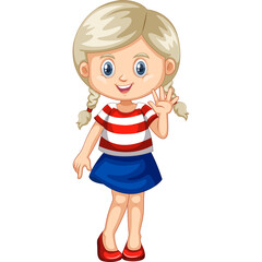 Cartoon Blonde Little Girl Waving Hello Wearing Red White Striped T Shirt Blue Skirt and Red Shoes Isolated on White Background