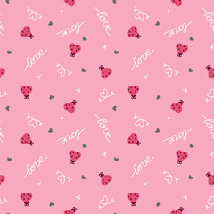 Pink seamless pattern with red ladybugs and handwritten love words in cute romantic style