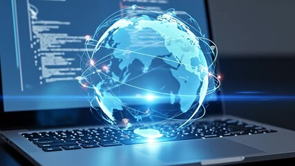 Dynamic digital Earth hologram from laptop connects global networks for modern communication - Powered by Adobe