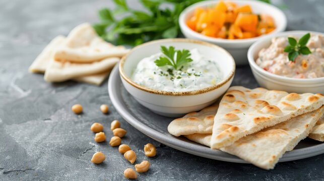 A colorful mezze platter with hummus, baba ghanoush, and tzatziki sauce.