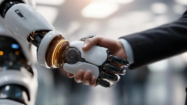 A human hand shaking with a robotic prosthetic hand.