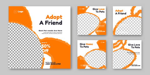 Set of Adopt pet care promotion banner social media pack template. Pet adoption social media post template. Pet shop social media carousel template.