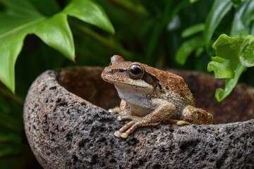Fototapeta premium Coqui Frog Resting on a Rock Bowl in the Lush Rainforests of Hawaii