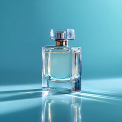 Luxury fragrance bottle with clear glass and soft lighting
