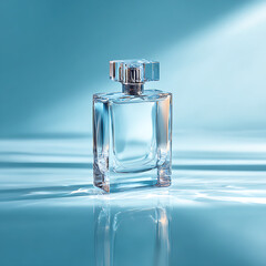 Luxury fragrance bottle with clear glass and soft lighting