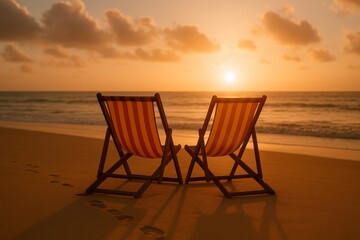 Peaceful Sunset Scene with Two Striped Beach Chairs on a Sandy Beach