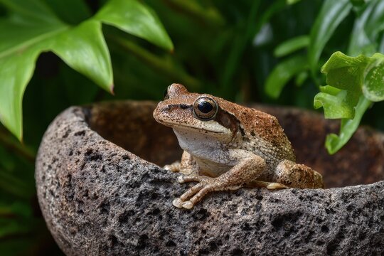 Coqui Frog Resting on a Rock Bowl in the Lush Rainforests of Hawaii