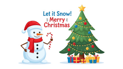 Winter Wonderland: A cheerful snowman and a decorated Christmas tree set a festive mood with gift box present and holiday wishes.