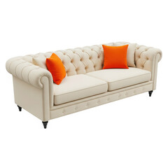 Elegant chesterfield sofa with orange pillows isolated on transparent background
