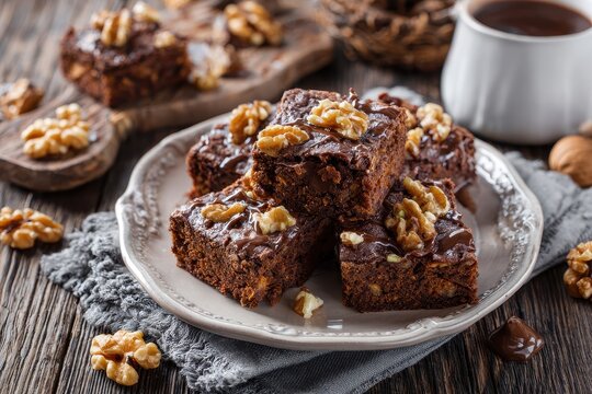 Decadent Zucchini Brownies with Walnuts Served on a Stylish Plate with a Napkin
