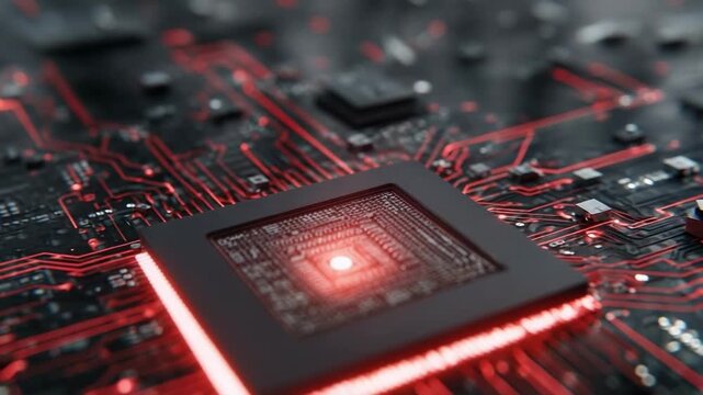Close-up of a computer processor on a motherboard with red illuminated circuit traces.