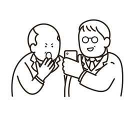 スマートフォンの画面を一緒に見る中年男性二人のイラスト　線画のみ