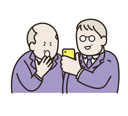 スマートフォンの画面を一緒に見る中年男性二人のイラスト