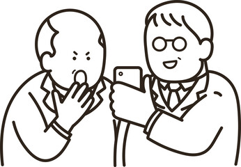 スマートフォンの画面を一緒に見る中年男性二人のイラスト　線画のみ