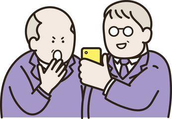 スマートフォンの画面を一緒に見る中年男性二人のイラスト