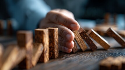Hand Stopping Domino Effect Concept for Business Risk Prevention and Control